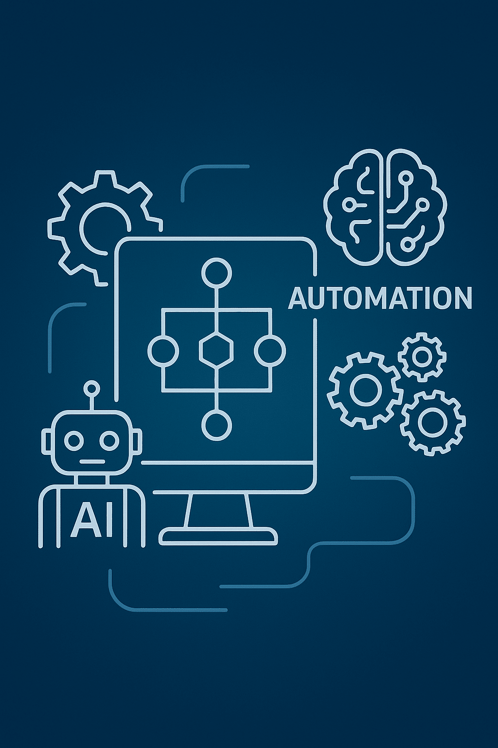 Business automation concept with AI, gears, and workflow icons
