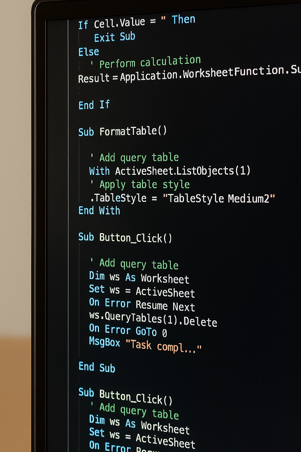 Excel VBA macro code integrating AI automation workflows in spreadsheets