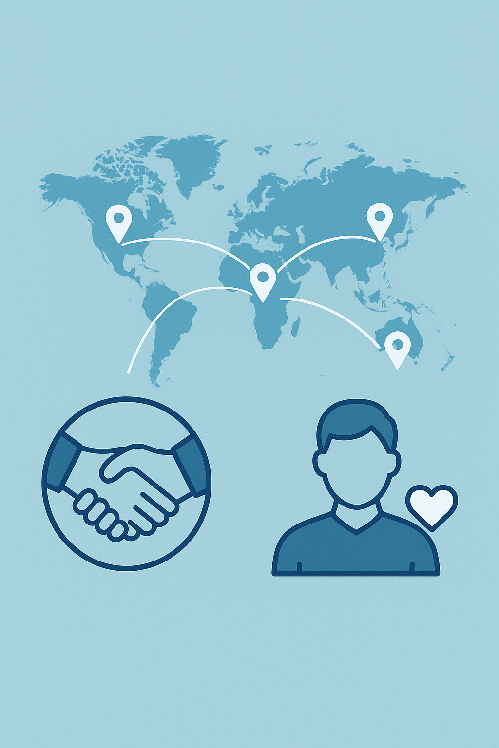 Infographic showing global reach with a world map, location markers, handshake symbol, and person icon representing local care