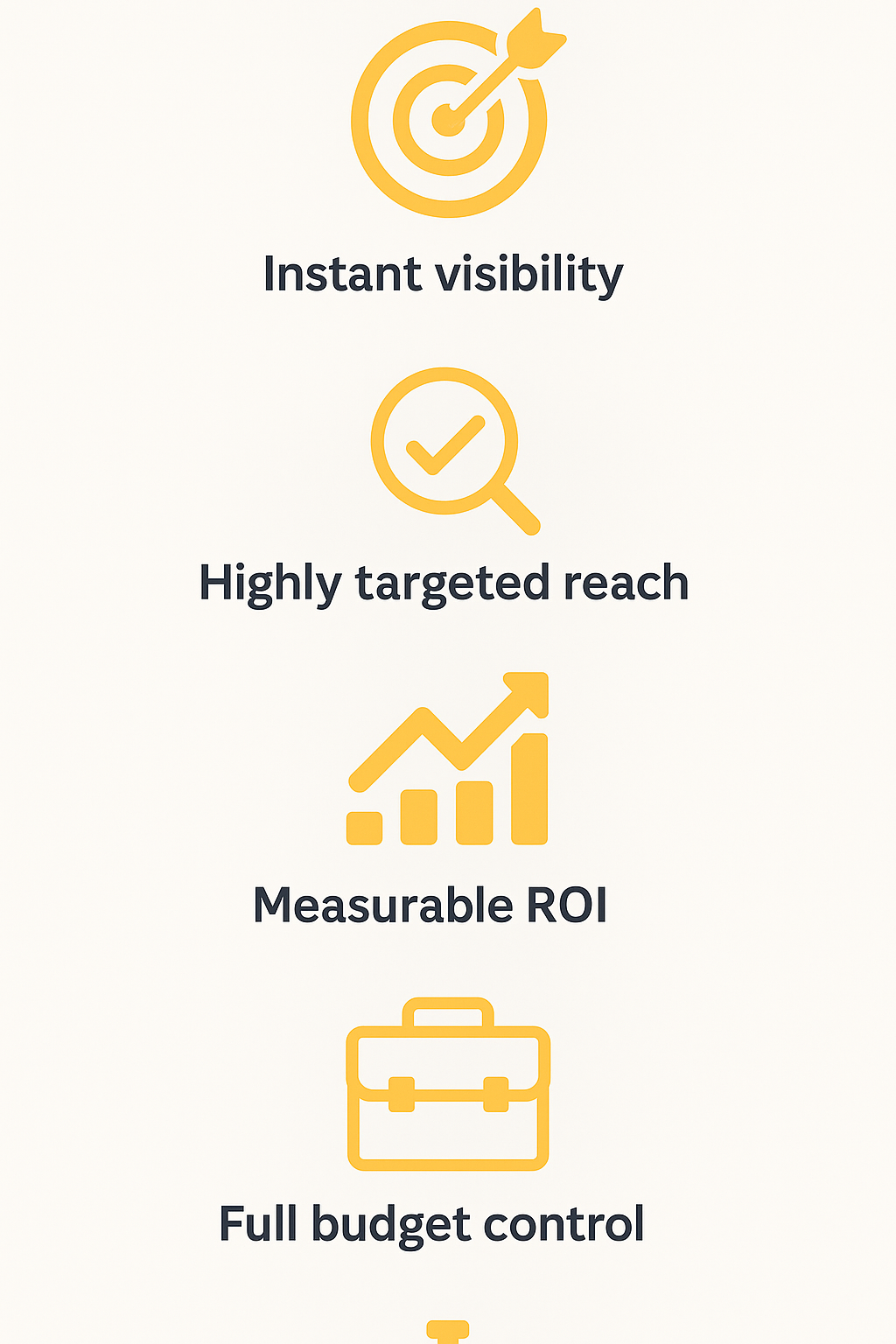 Visual infographic showing Google Ads benefits including visibility, targeting, ROI, budget, and growth.