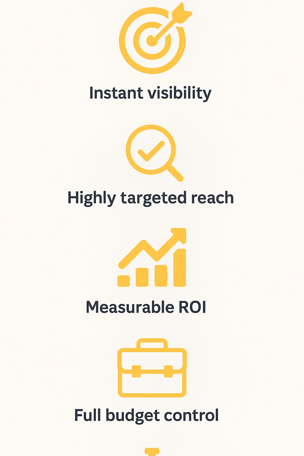 Gold and black infographic showing Google Ads benefits including visibility, targeting, ROI, budget control, and scalability