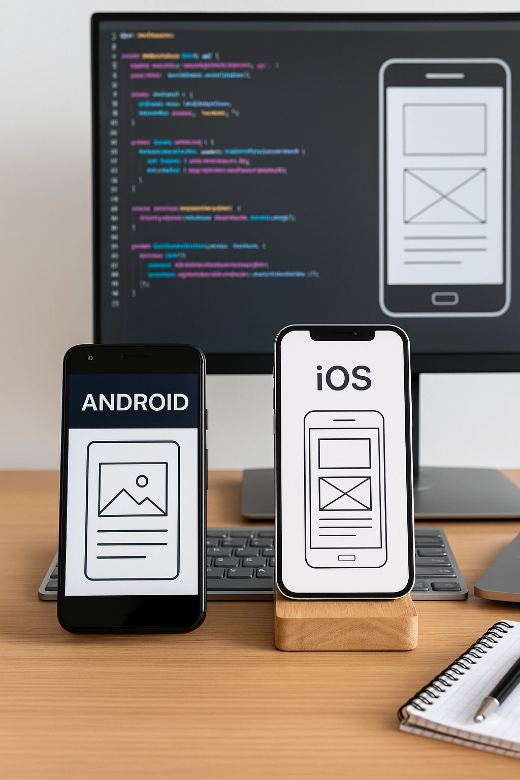 Mobile app development UI and code illustration