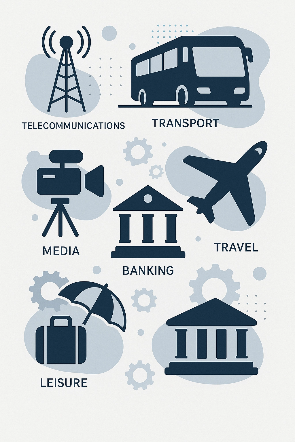 Infographic showing transport technology use cases across telecommunications, media, banking, travel, and leisure industries