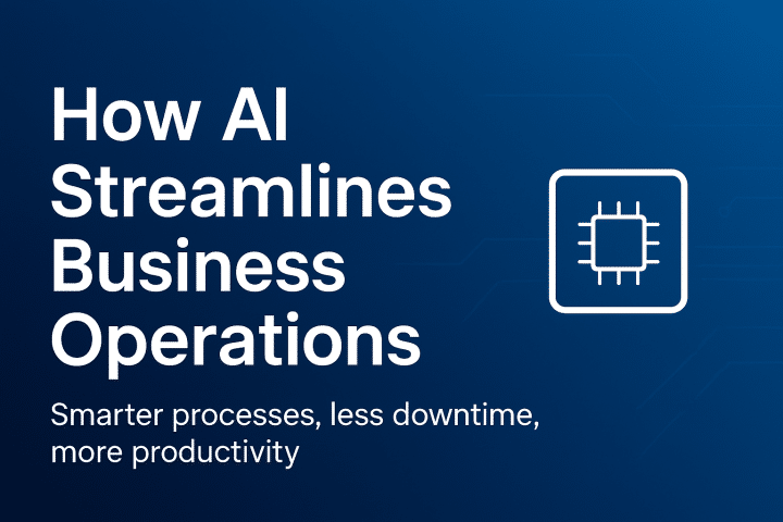 Blue digital graphic showing AI automation improving business processes and efficiency