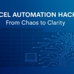 Blue Digital Illustration Showing Excel Automation and Data Clarity with Circuits and Spreadsheet Graphics