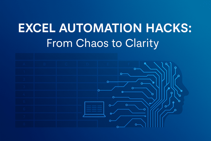 Blue digital illustration showing Excel automation and data clarity with circuits and spreadsheet graphics