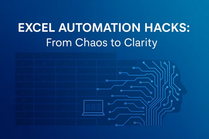 Blue Digital Illustration Showing Excel Automation and Data Clarity with Circuits and Spreadsheet Graphics