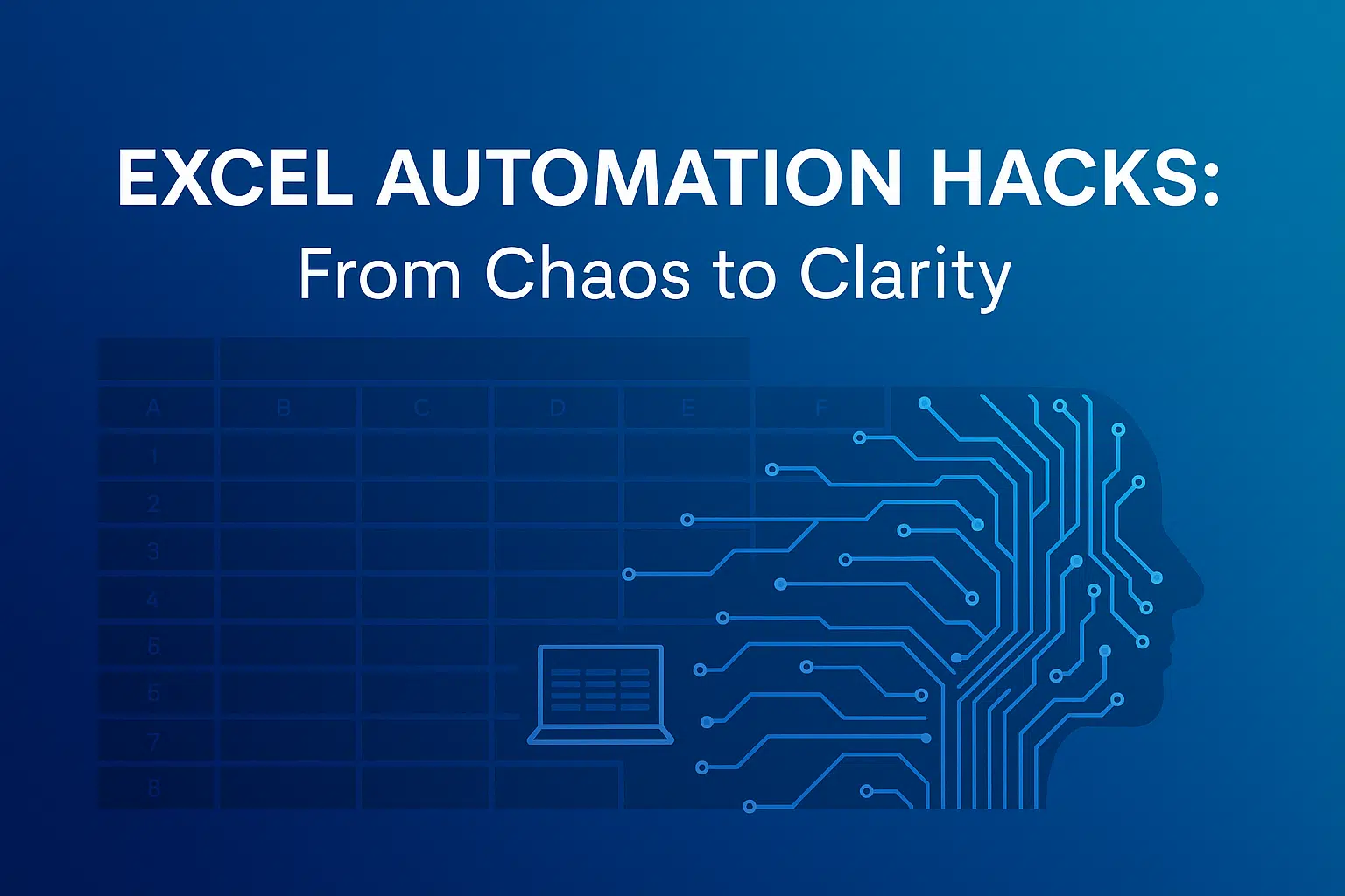 Blue Digital Illustration Showing Excel Automation and Data Clarity with Circuits and Spreadsheet Graphics