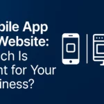 Blue Digital Design Showing Mobile App and Website Comparison with Phone and Laptop Graphics