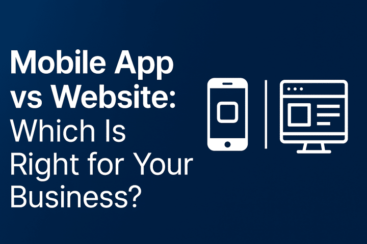 Blue digital design showing mobile app and website comparison with phone and laptop graphics