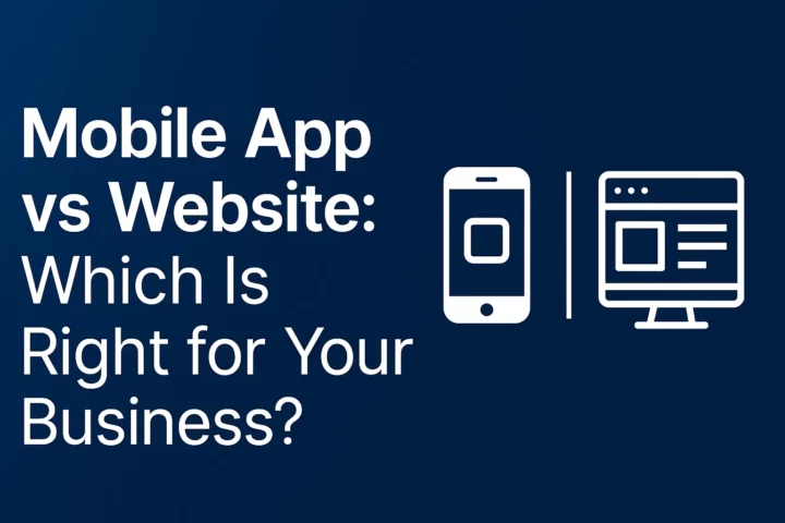 Blue Digital Design Showing Mobile App and Website Comparison with Phone and Laptop Graphics