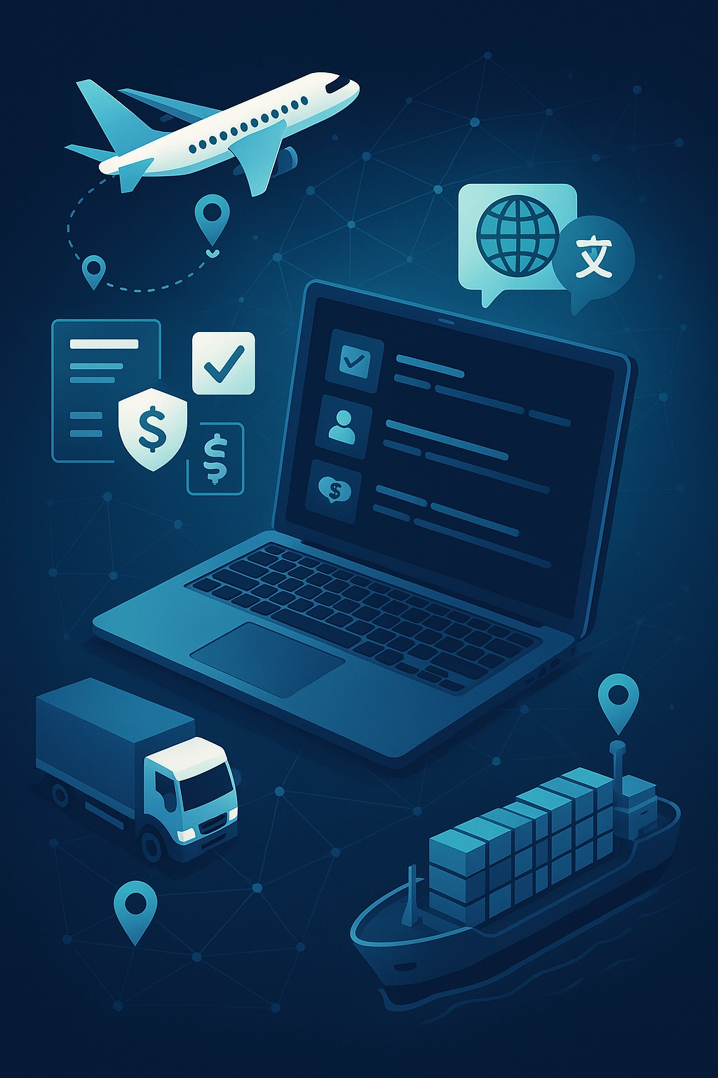 Global transport technology infographic showing air, land, and sea connections with GPS, booking, automation, and communication icons